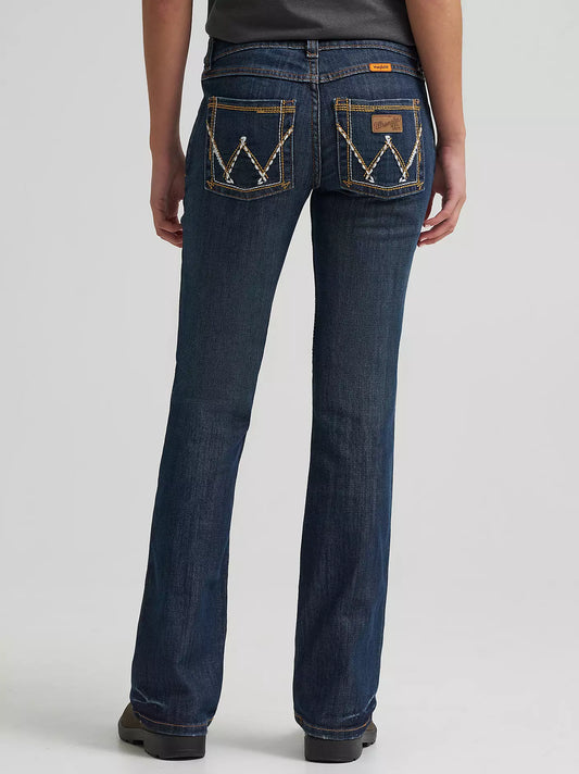 Back view of person wearing dark blue bootcut jeans with embroidered rear pockets.