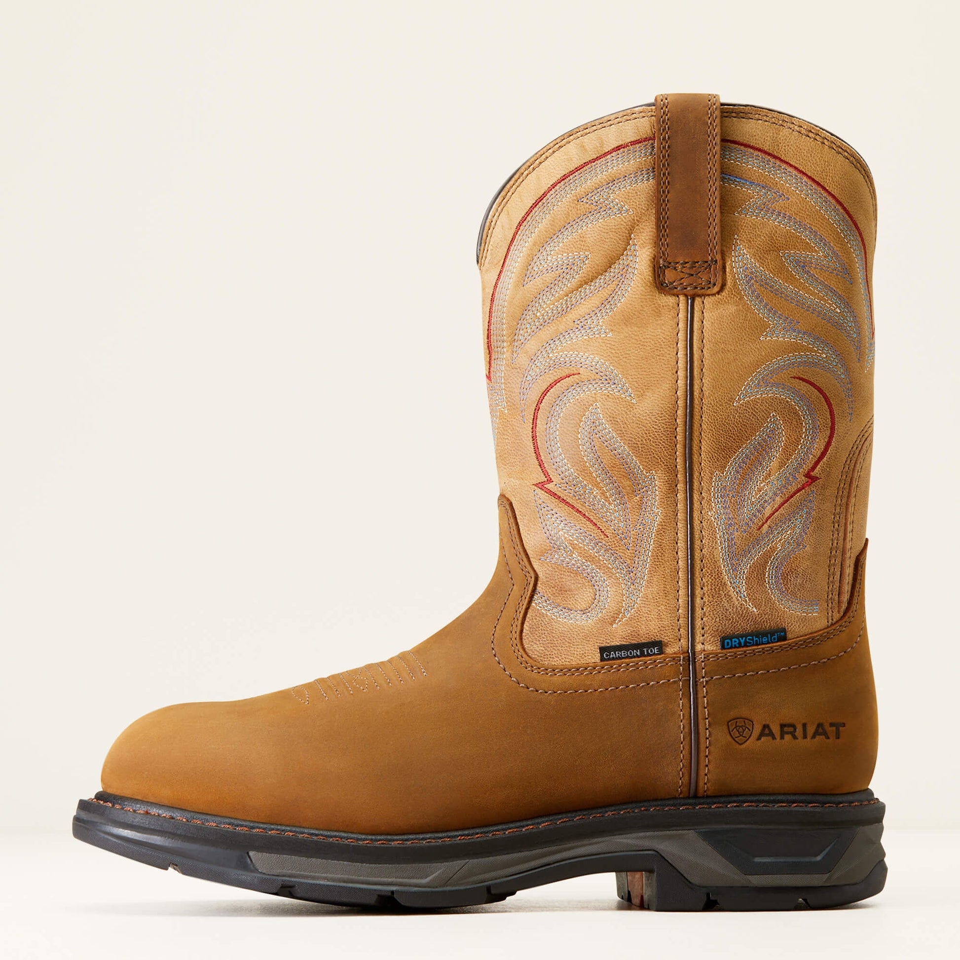 Tan work boot with intricate stitching on a white background