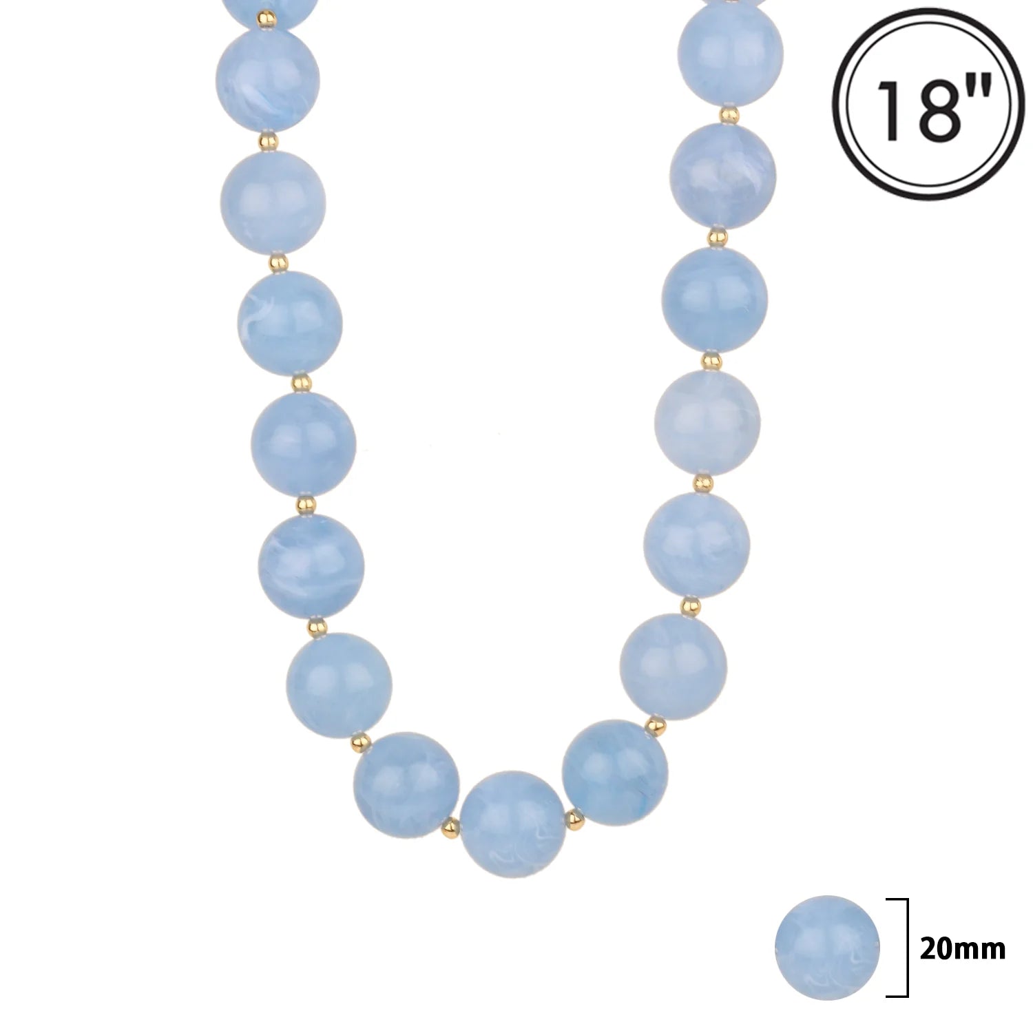 Necklace with blue beads and gold accents on a white background