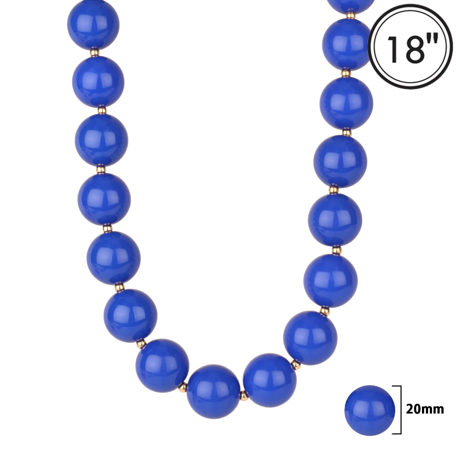A strand of glossy cobalt blue round beads separated by small metallic spacer rings, shown on a white background with an '18"' size callout and a 20mm bead close-up inset.