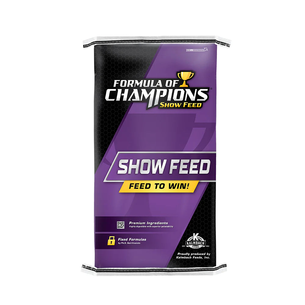 Purple and black bag of Formula of Champions Show Feed on a white background