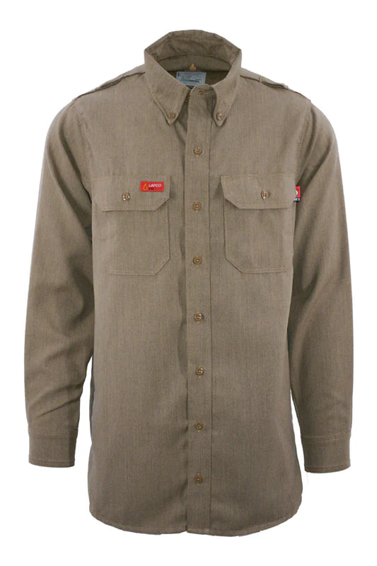 Khaki button-up work shirt with long sleeves, dual chest pockets, and safety patches.
