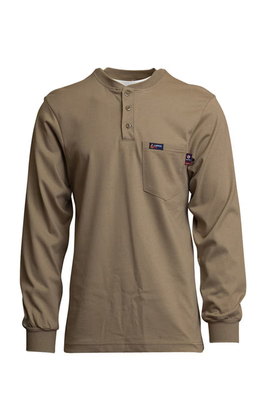 Brown long-sleeve shirt with brand logo on a white background