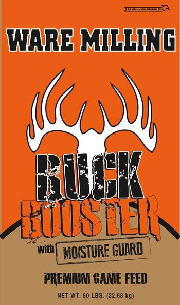 Ware Milling Buck Buster with Moisture Guard premium game feed packaging on an orange and brown background.