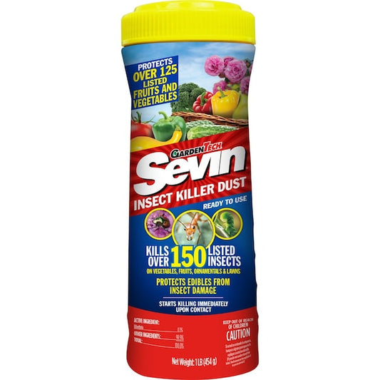 Garden insect killer dust container with yellow cap, labeled for use on fruits and vegetables.