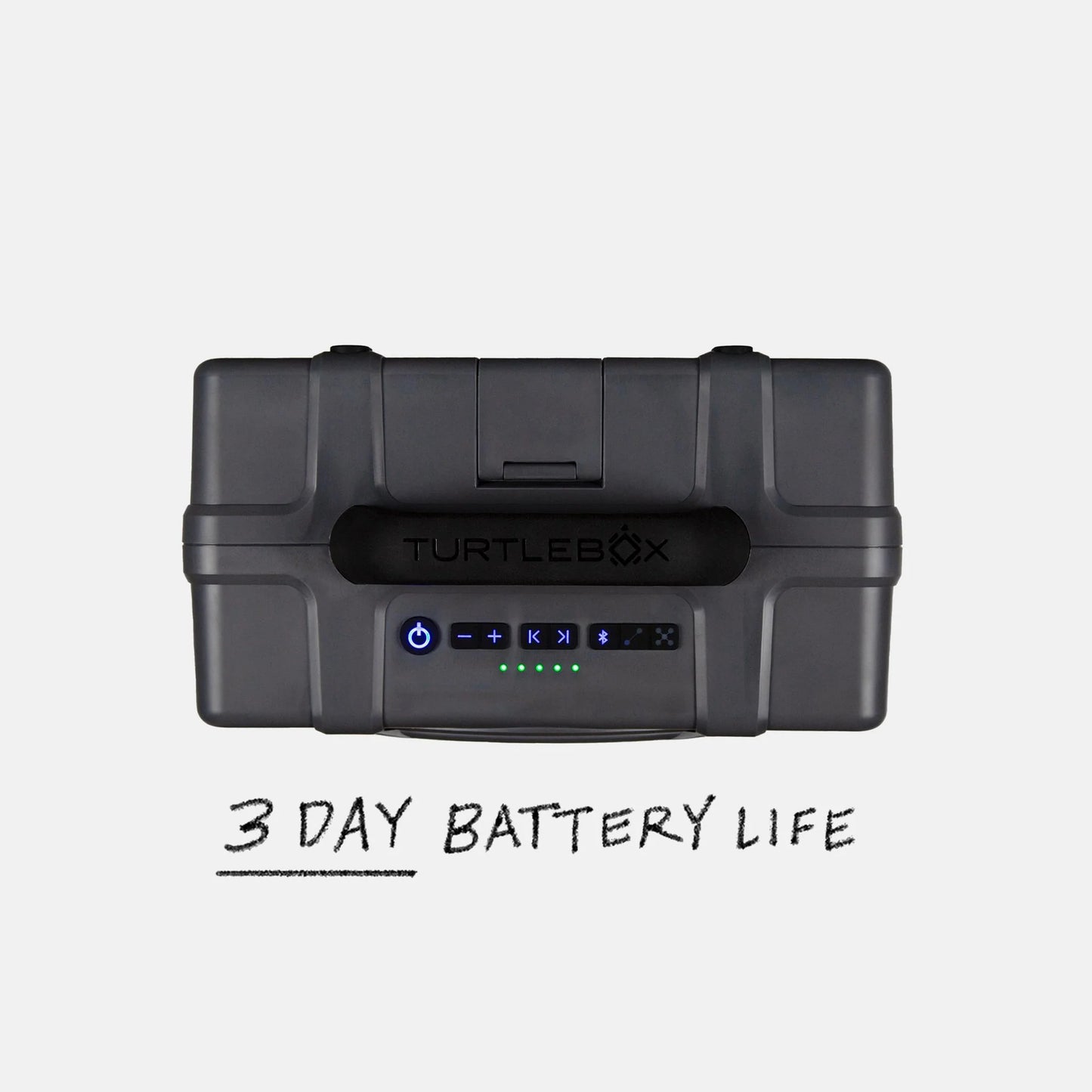 Black portable battery pack with 'TurtleBox' branding on a light gray background