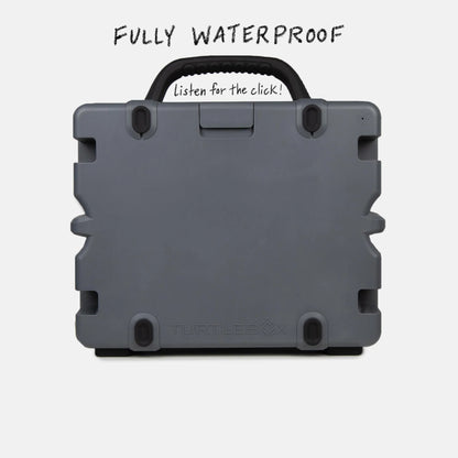 Gray waterproof container with 'TurtleBox' branding on a white background
