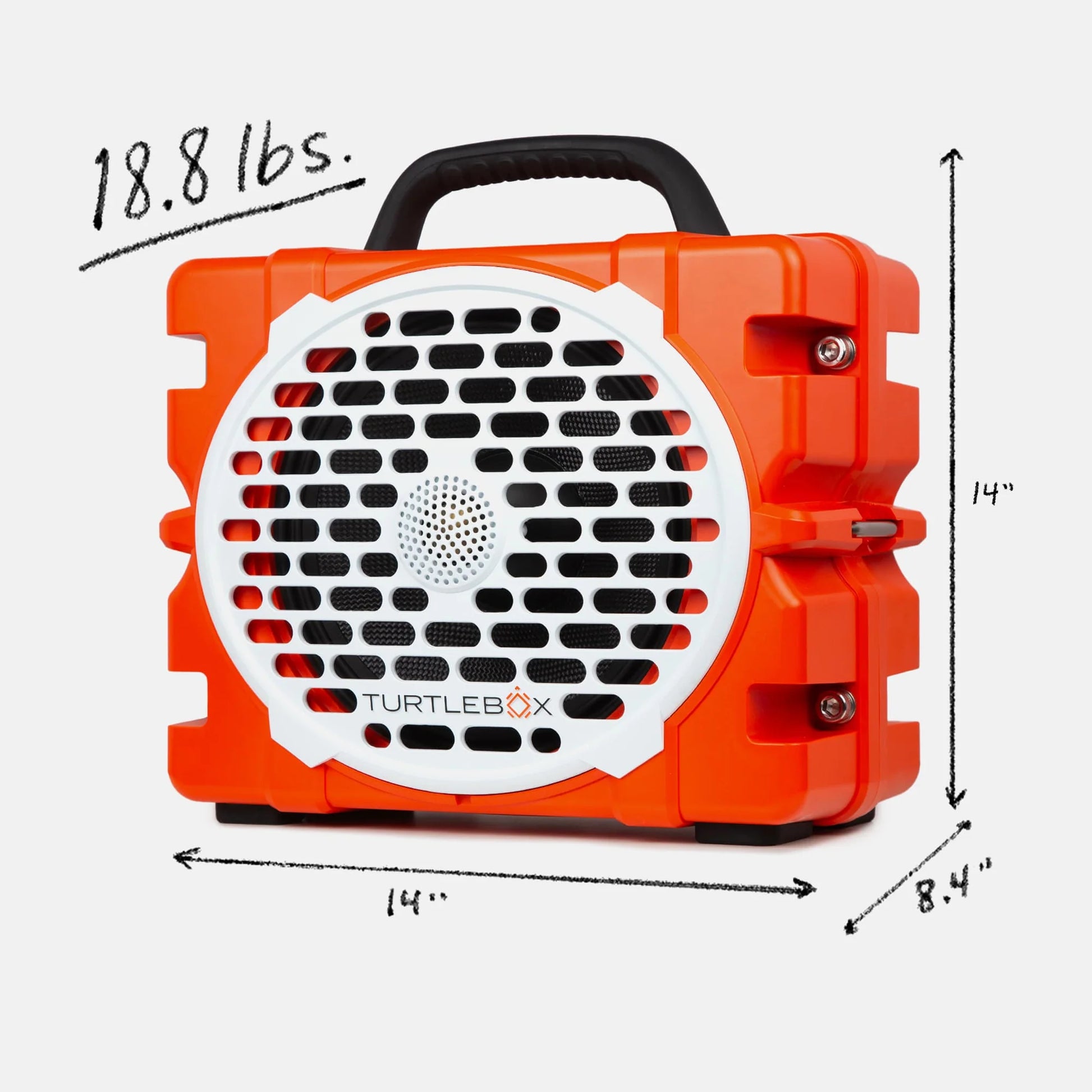 Orange and black portable device with measurements and TURTLEBOX branding on a white background