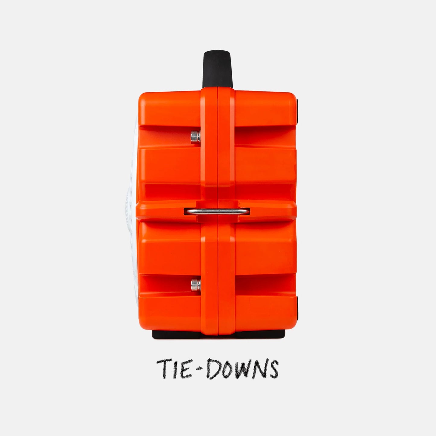 Orange suitcase with tie-downs on a white background