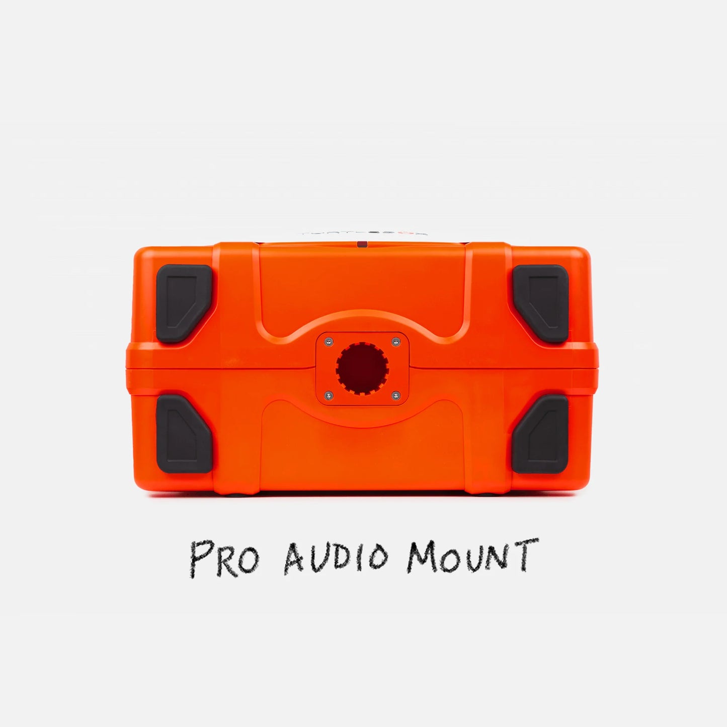 Orange pro audio mount with black accents on a white background