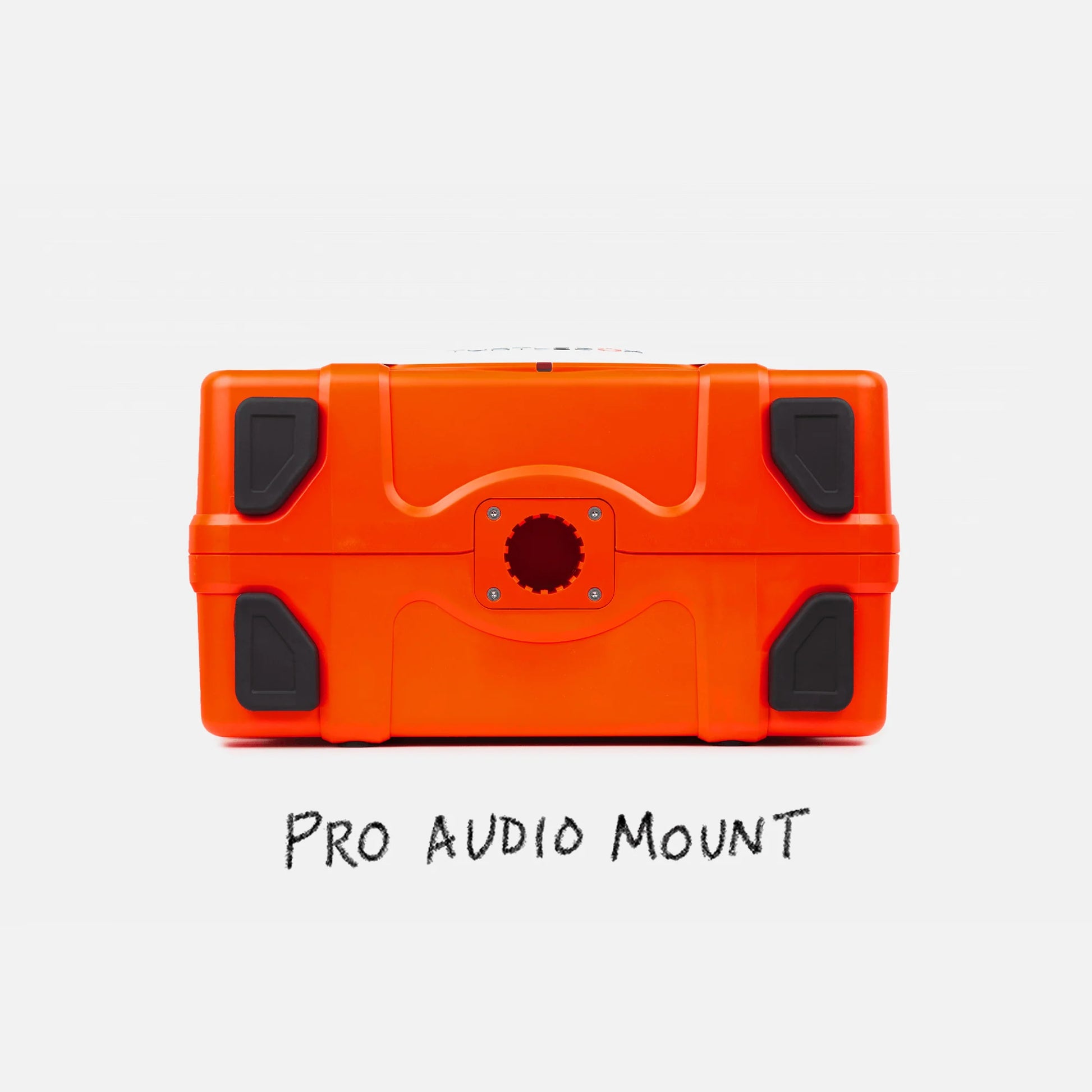 Orange pro audio mount with black accents on a white background