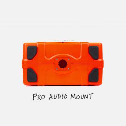 Orange pro audio mount with black accents on a white background