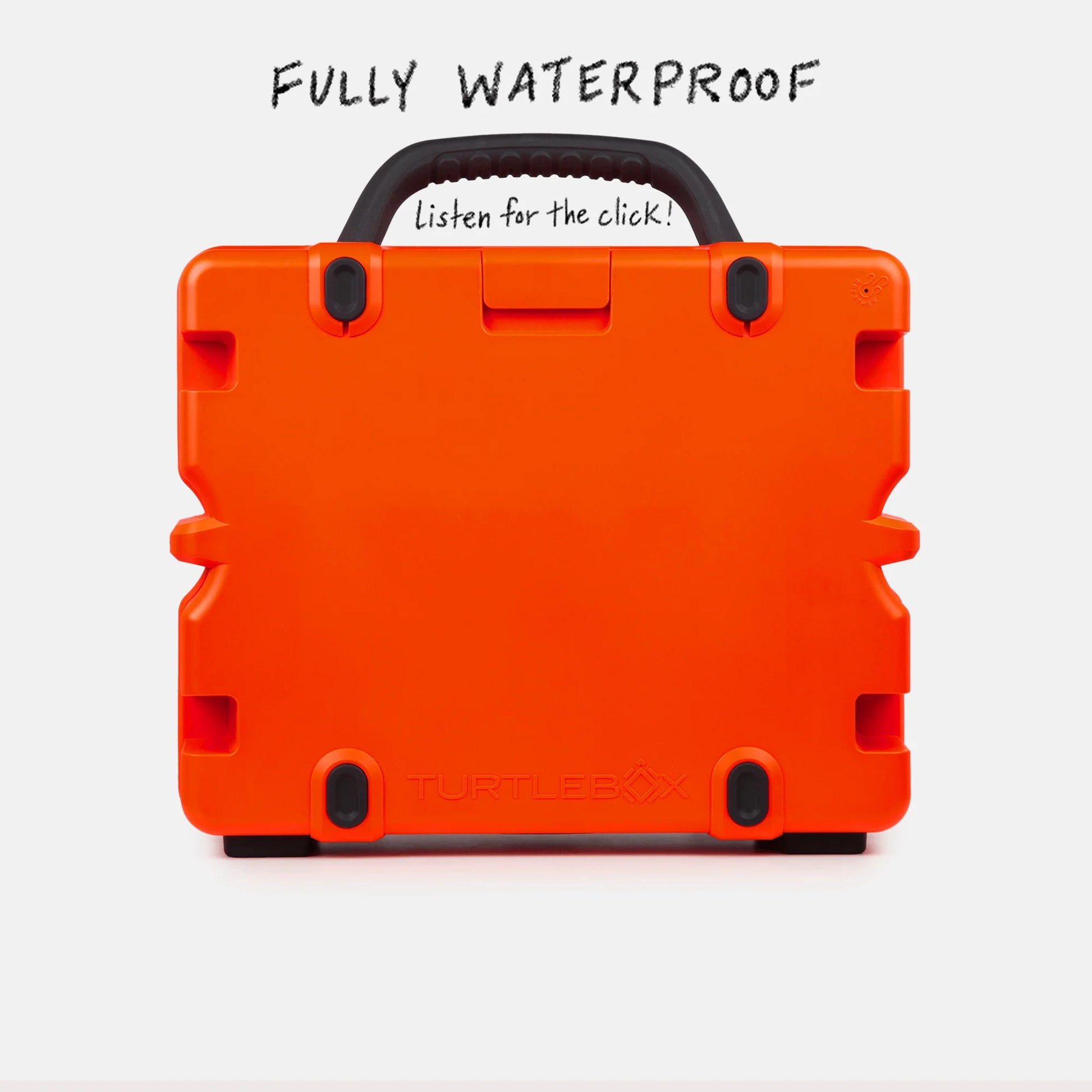 Orange waterproof container with 'TurtleBox' branding on a white background