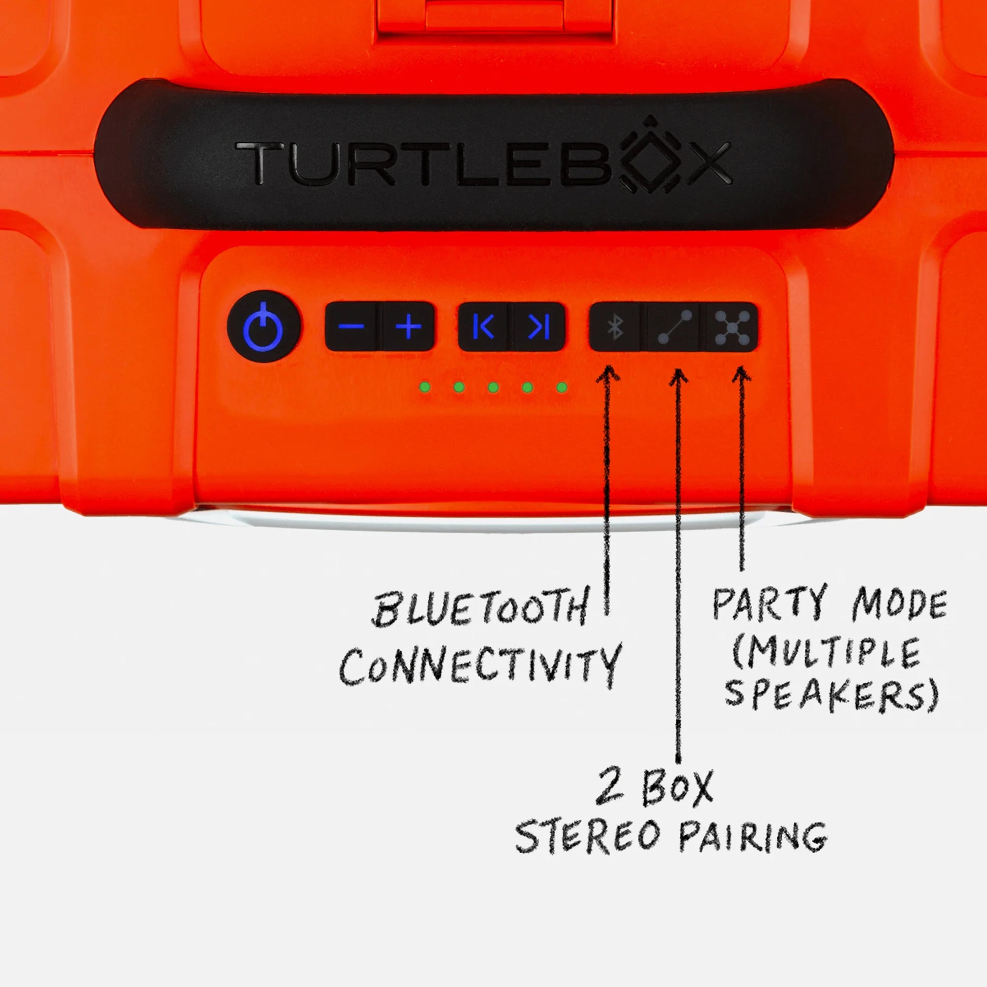 Orange TurtleBox device with control buttons and text labels on a white background