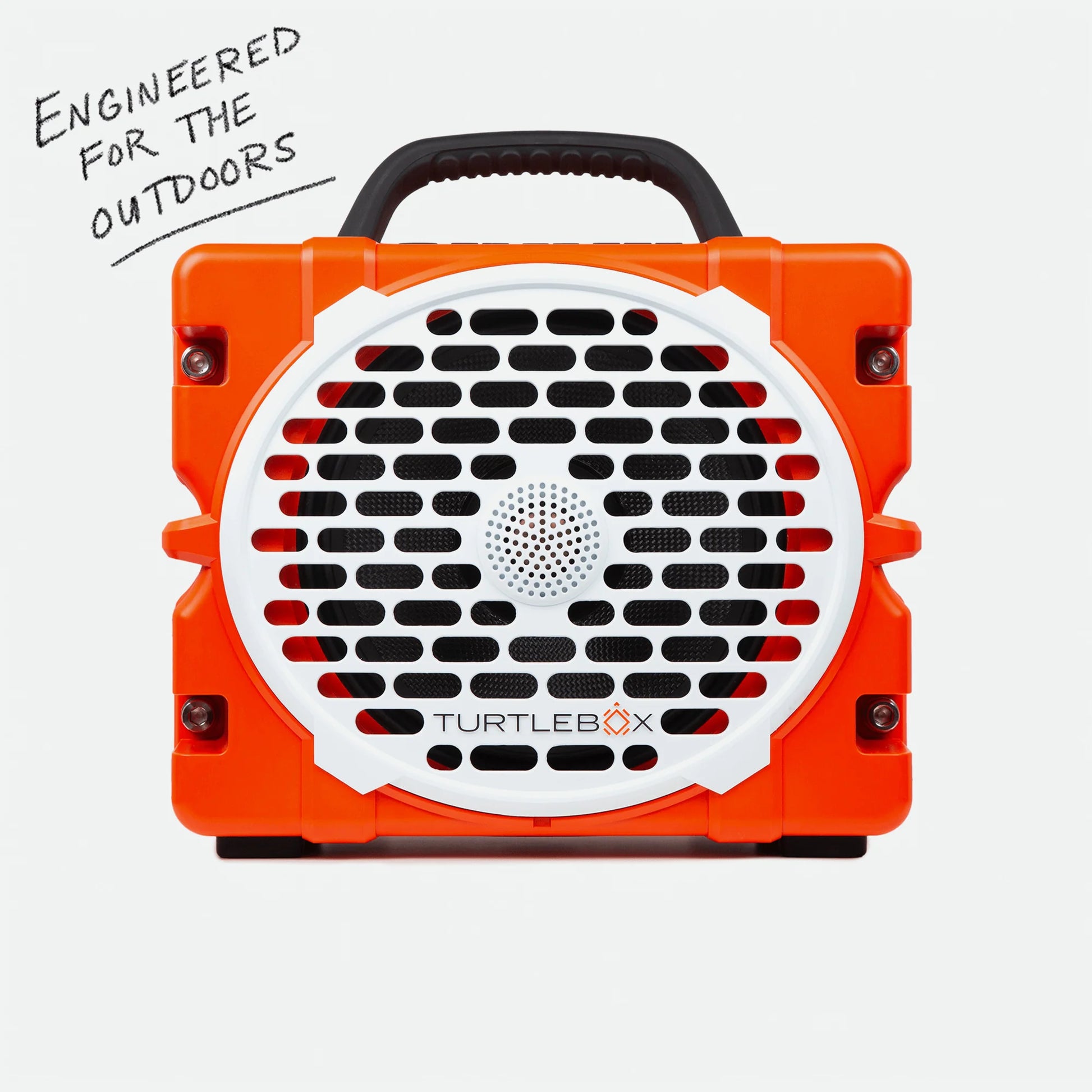 Orange portable speaker with black handle and 'TurtleBox' branding on a white background.