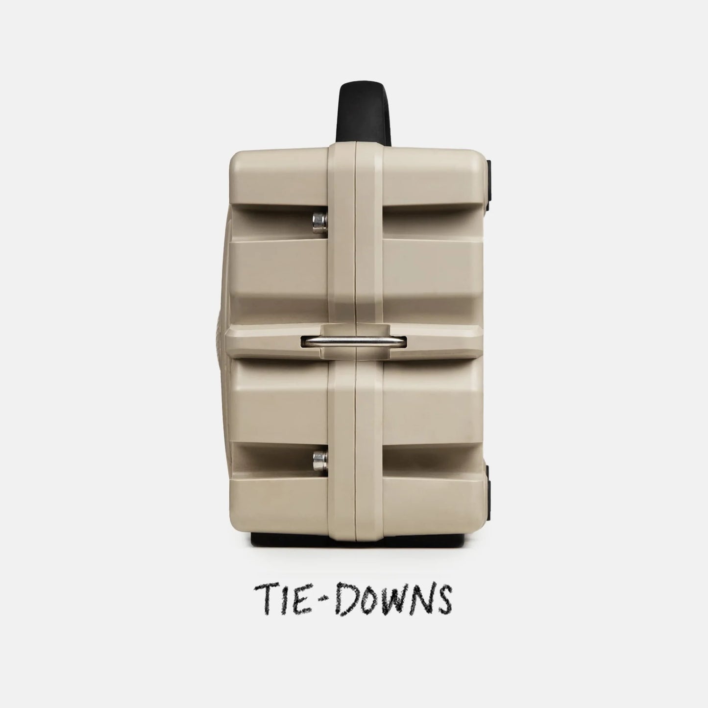 Beige suitcase with tie-downs feature on a white background