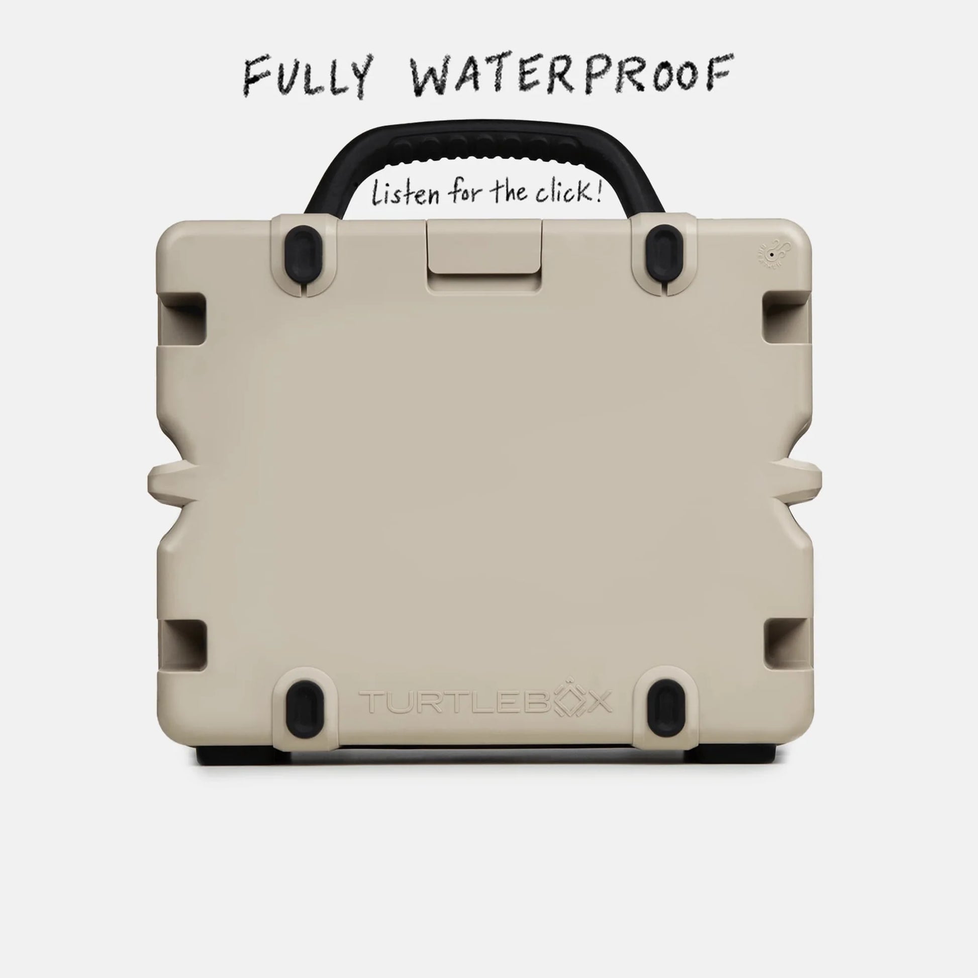 Beige waterproof container with handle and 'TurtleBox' branding on a white background.