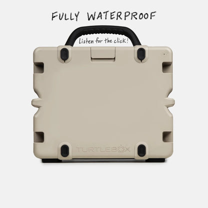 Beige waterproof container with handle and 'TurtleBox' branding on a white background.