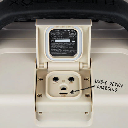 Portable speaker with USB-C charging port and audio inputs on a white background