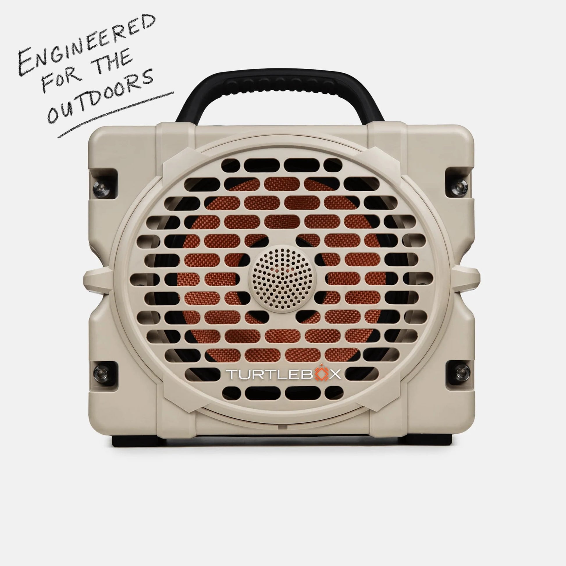 Turtlebox outdoor speaker with text 'Engineered for the outdoors' on a white background