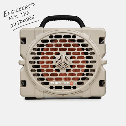 Turtlebox outdoor speaker with text 'Engineered for the outdoors' on a white background