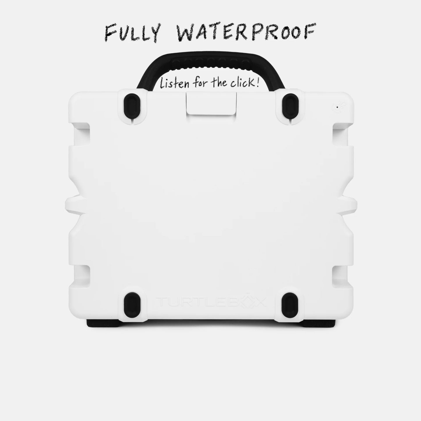 White waterproof case with black accents on a white background