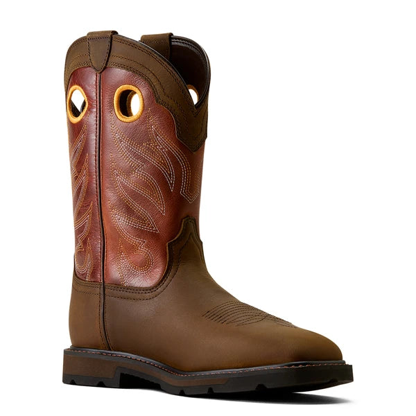 A brown leather western-style boot with decorative stitching on the shaft, circular cutouts near the top, and a dark sole, shown on a plain white background.