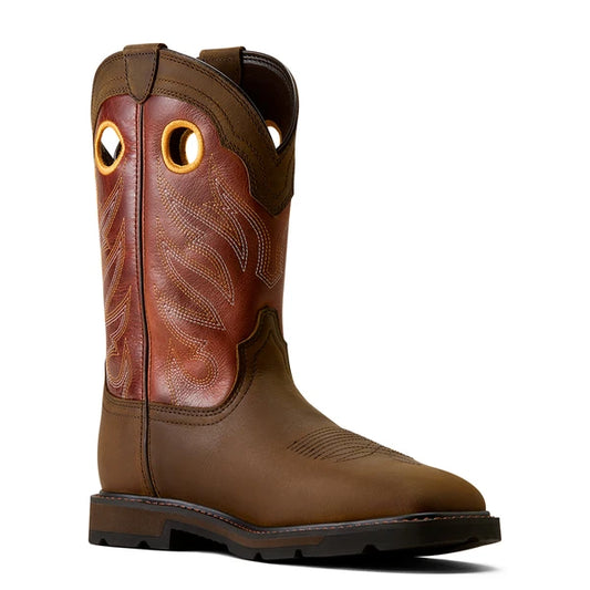 A brown leather western-style boot with decorative stitching on the shaft, circular cutouts near the top, and a dark sole, shown on a plain white background.