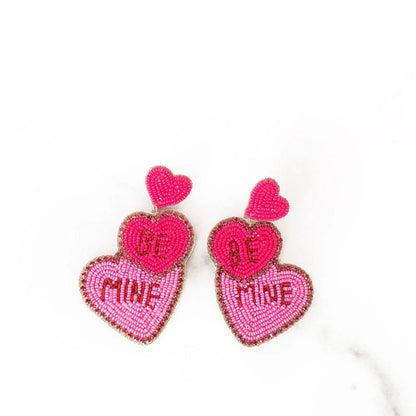 Pink beaded heart earrings with be mine text, Valentine's Day accessory jewelry