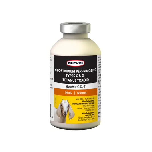 A bottle of Duvet GoatVac C.D-T clostridium perfringens Type C & D tetanus toxoid for goats, featuring a black, white, and yellow label with an image of a goat on a white background.