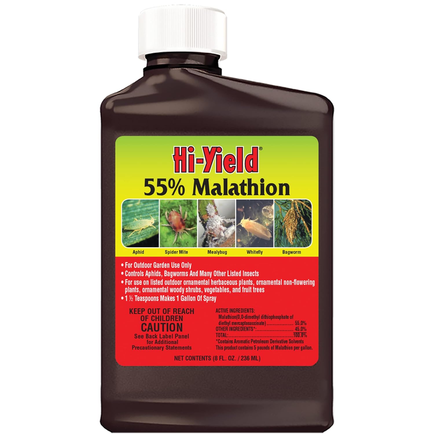Hi-Yield 55% Malathion insect spray bottle for aphids, spider mites, mealybugs, bagworms