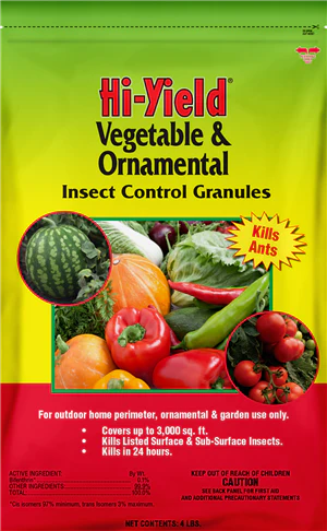 Hi-Yield Vegetable and Ornamental Insect Control Granules bag with assorted vegetables and ant control claim