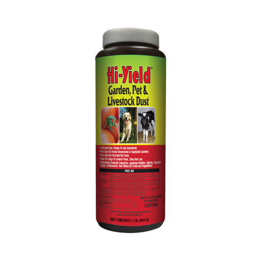 Hi-Yield Garden, Pet & Livestock Dust insecticide container for garden, pets, and livestock.