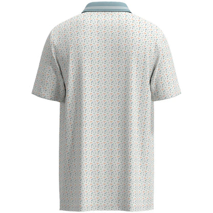 Back view of a patterned polo shirt on a white background