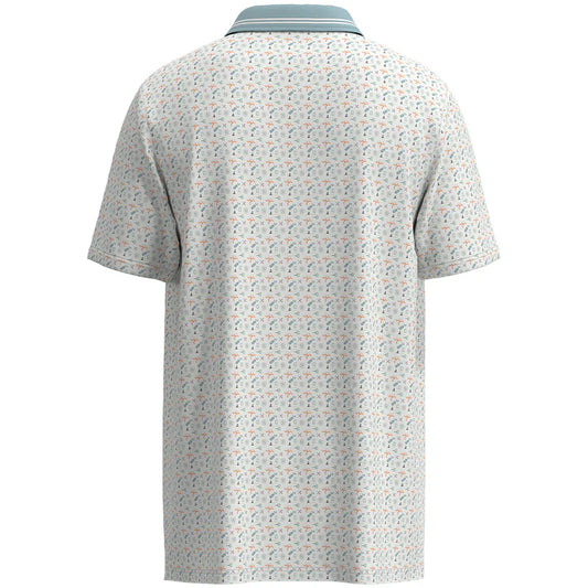 Back view of a patterned polo shirt on a white background