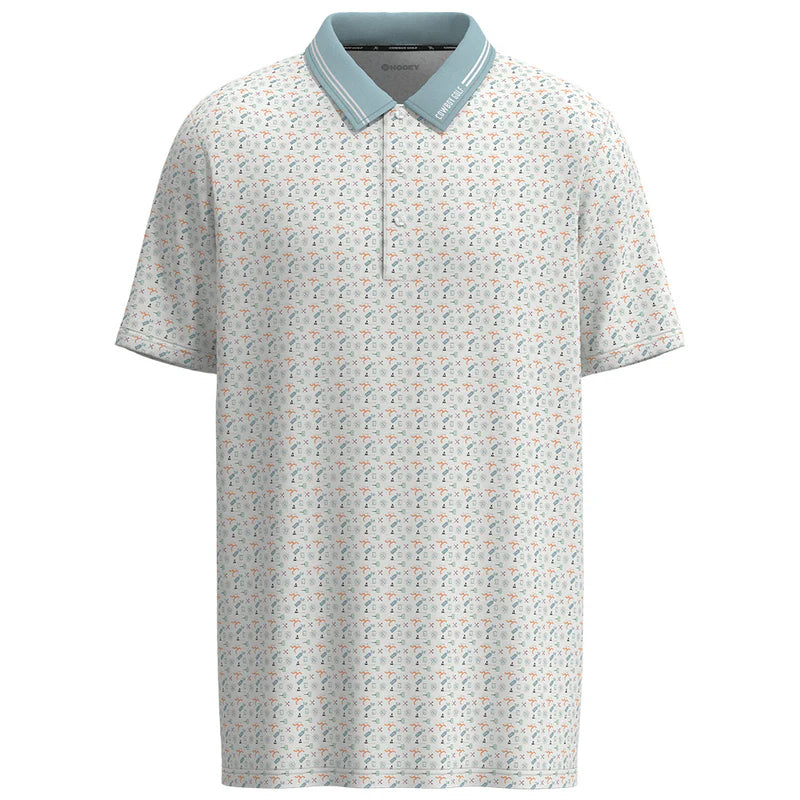 Floral patterned polo shirt with light blue collar on a white background