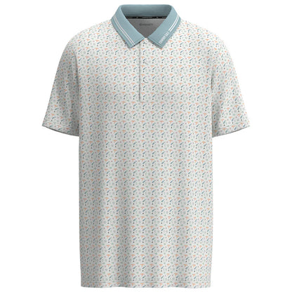 Floral patterned polo shirt with light blue collar on a white background