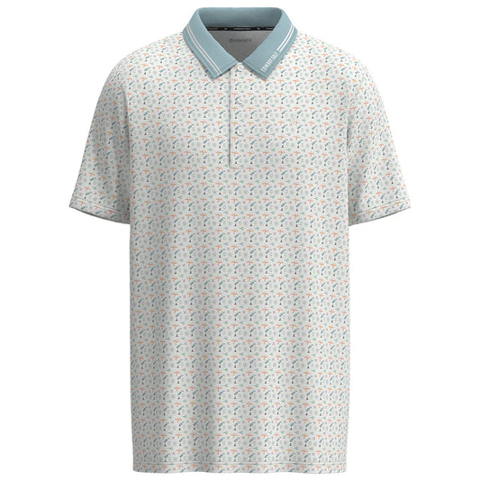 Floral patterned polo shirt with light blue collar on a white background