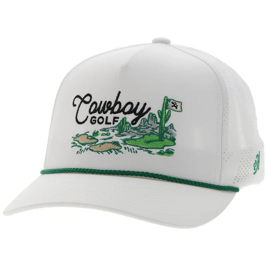 White cap with 'Cowboy Golf' logo and cactus design on a white background