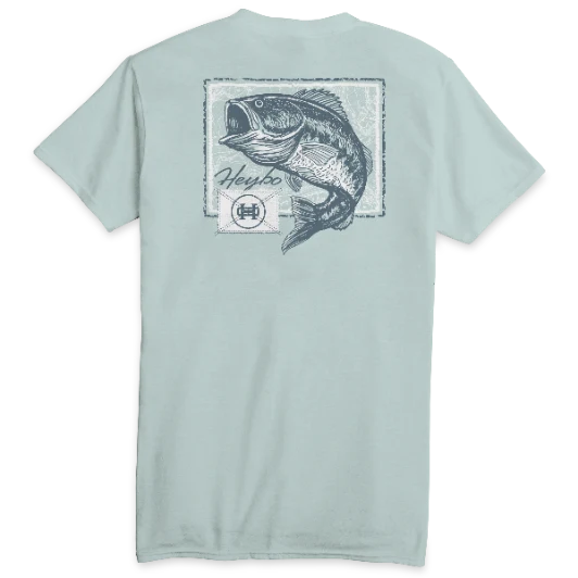 A light sage green short-sleeve t-shirt shown from the back, featuring a distressed dark blue graphic of a largemouth bass fish with the word 'Heybo' and a circular logo on the upper back.