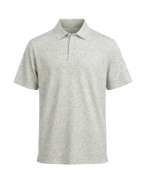 A short-sleeve polo shirt with a fine micro-pattern of small dark spots on a light sage green background, displayed on a clean white background.