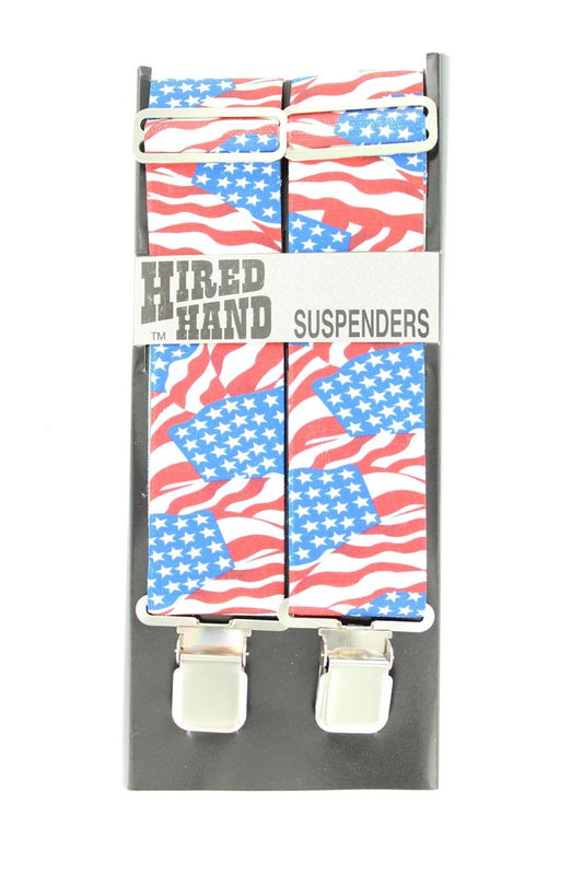 Suspenders with American flag pattern in packaging labeled 'Hired Hand'.