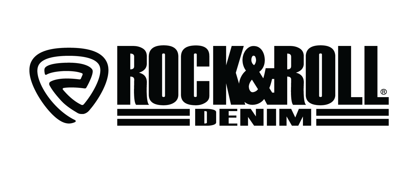 Black 'Rock & Roll Denim' logo on a white background