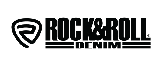 Black 'Rock & Roll Denim' logo on a white background