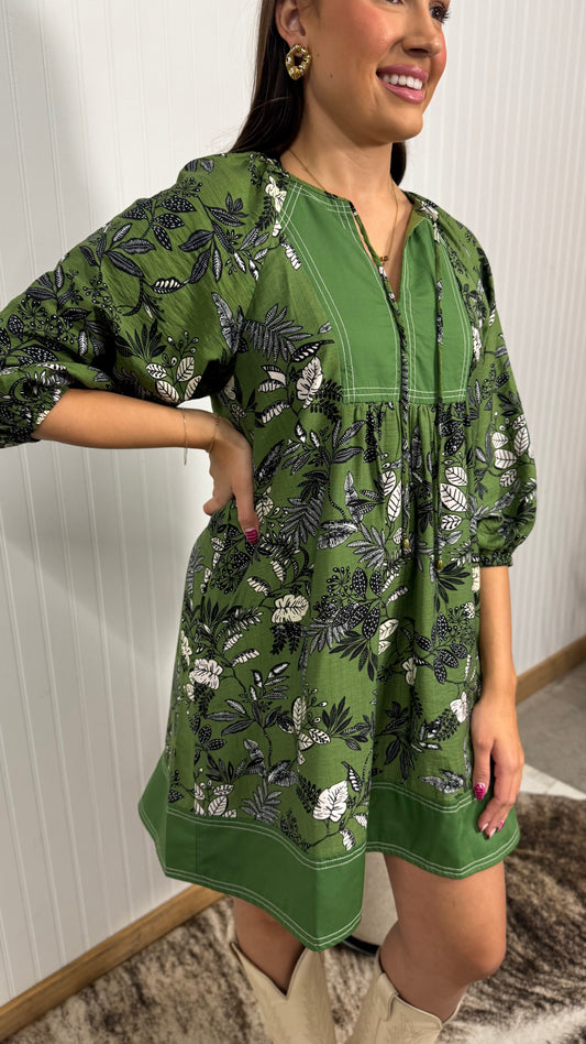 Olive Botanical Print Dress