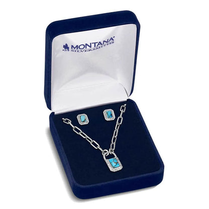Sterling silver turquoise necklace and earrings jewelry set in blue velvet gift box