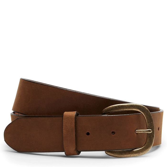 Brown leather belt with antique brass buckle on white background