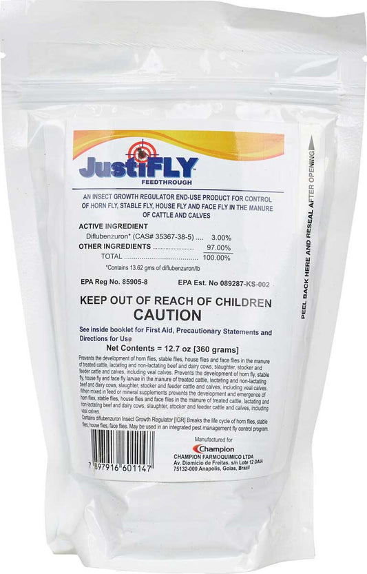 JustiFLY Feedthrough fly control supplement for cattle and calves, 360 grams resealable bag
