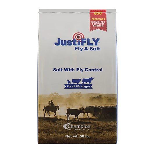 50 lb bag of livestock salt with fly control, featuring cows, horse, and ranch scene on packaging