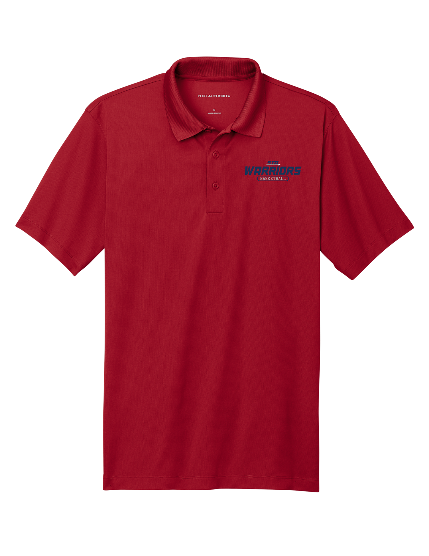 Red polo shirt with a logo on a white background